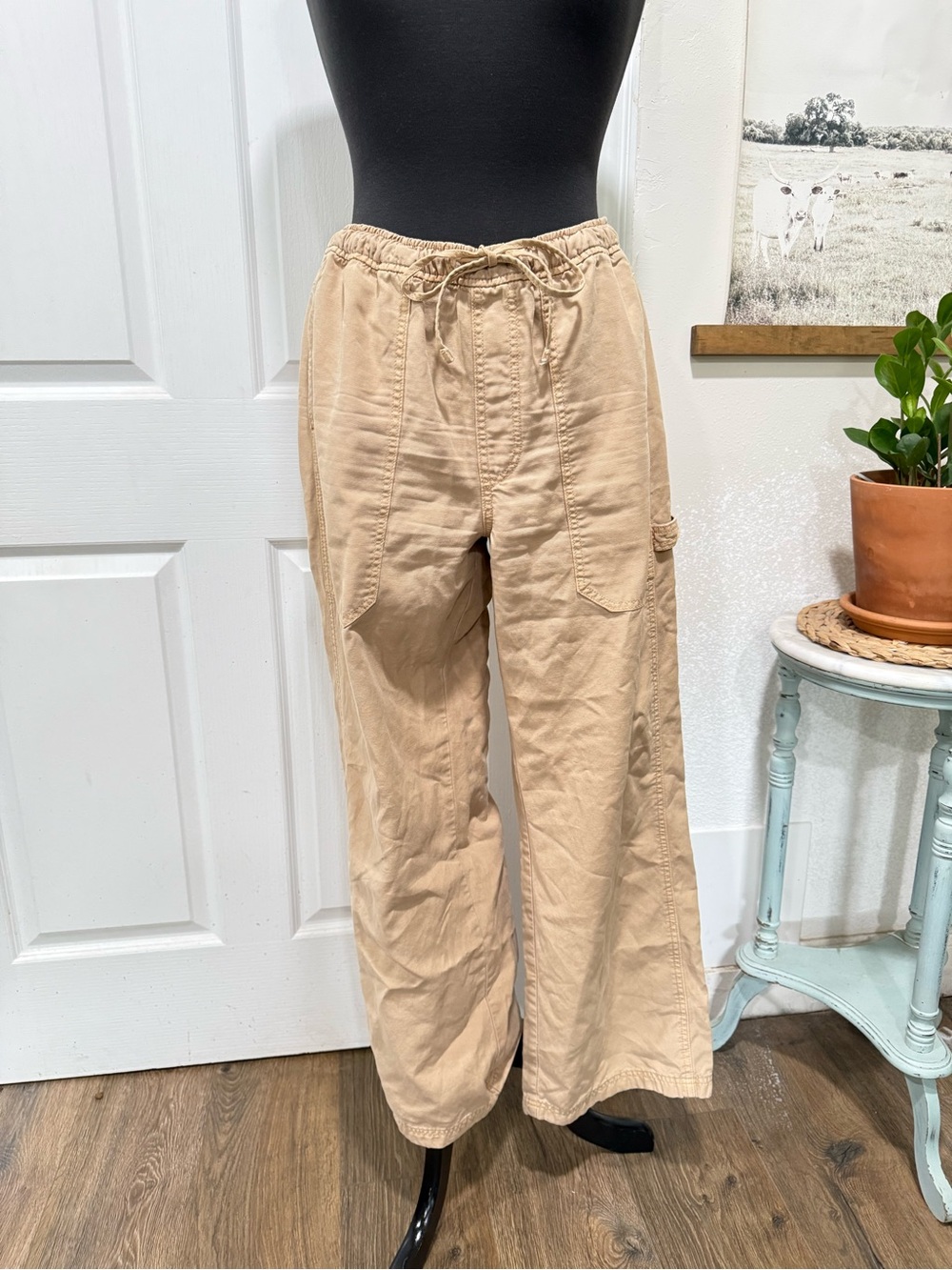 aerie Wide Leg Drawstring Utility Pants in Tan